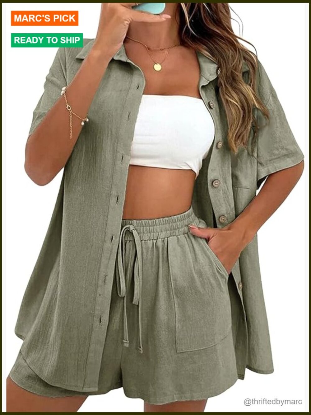 Cotton Linen Short Set 2-Piece Lounge Beach Outfit Adjustable Fit